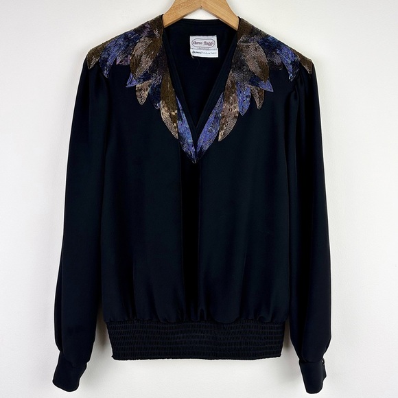 Three Flaggs 80's Vintage Beaded Collar Blouse - Picture 1 of 8